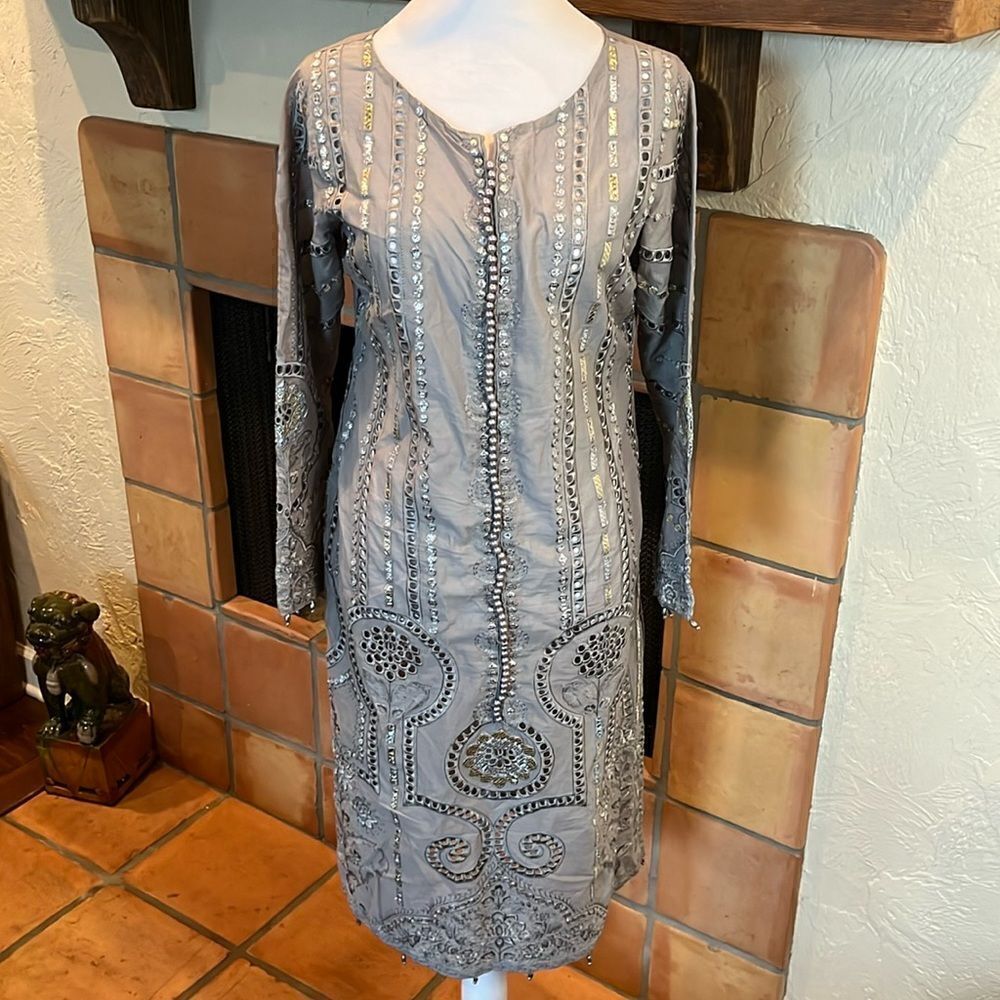 Maria B. Gray Straight Embroidered Lawn Shirt, size S